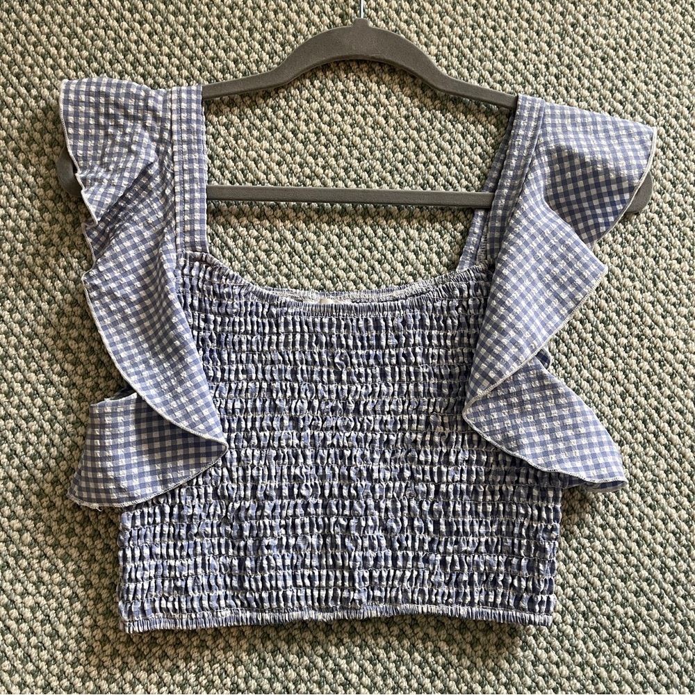 Superdown Crop Top Blue Gingham Ruffle Smocked Top Size Small
